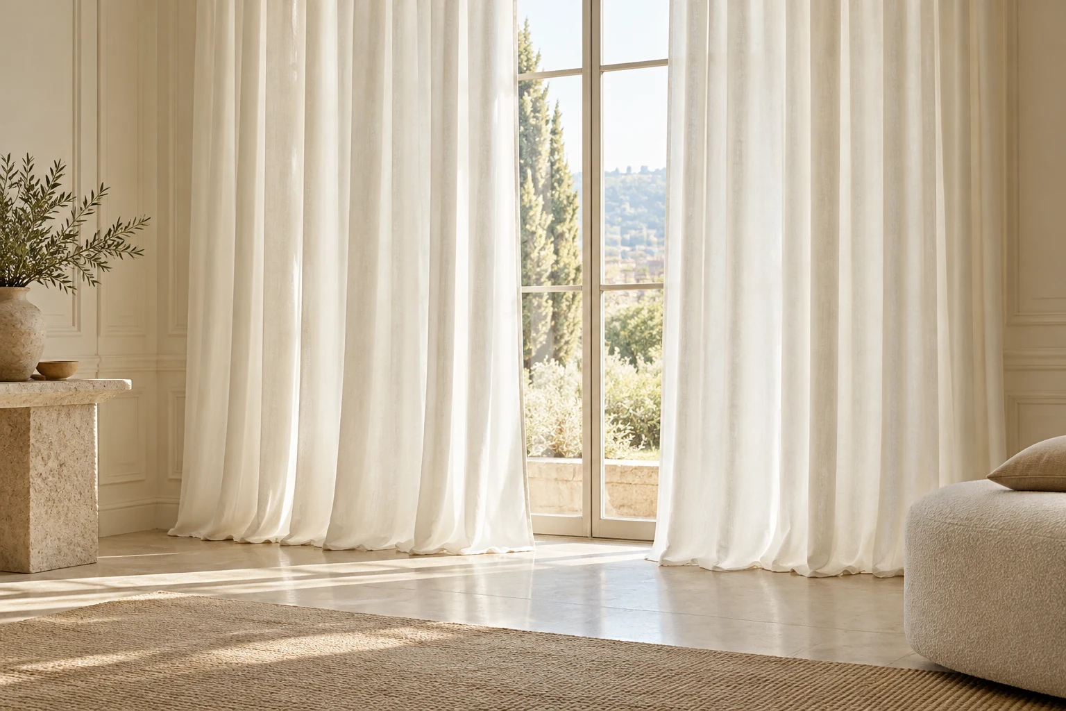 cortinas blancas largas junto a una ventana