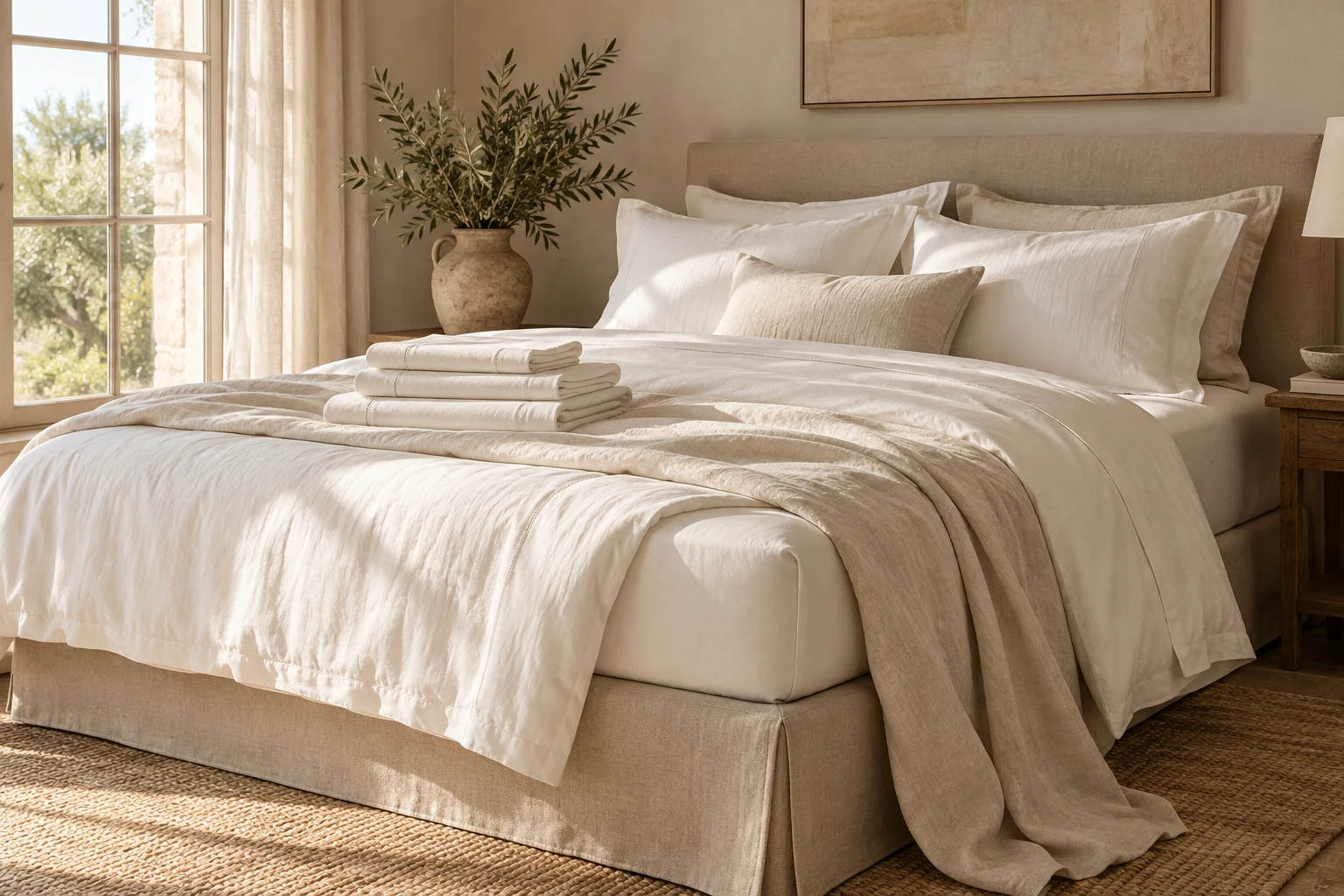 ropa de cama clara, sábana ajustable y juego de sábanas dobladas