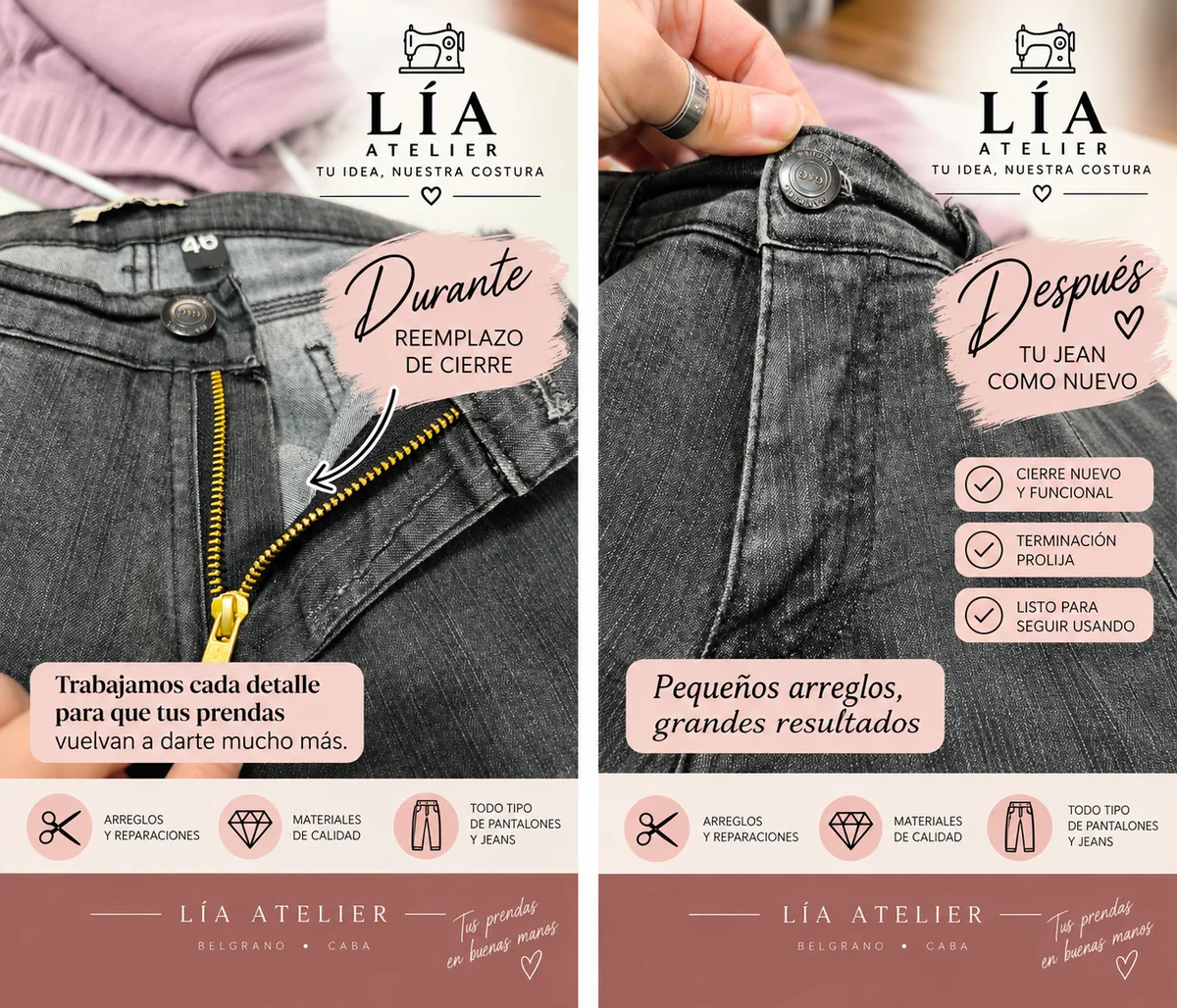 Reemplazo de cierre en jeans realizado por LÍA Atelier