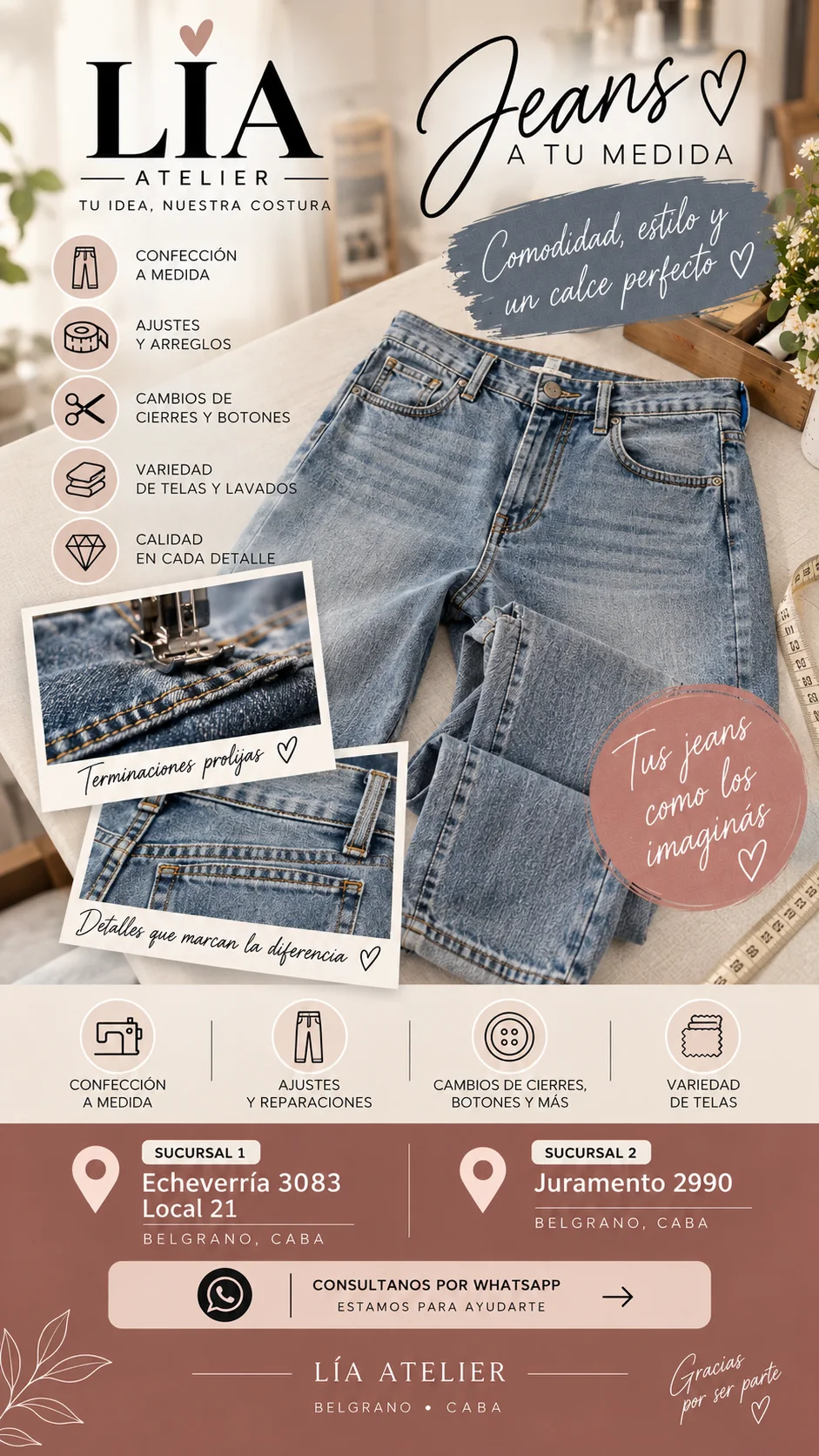 Jeans y trabajos de ajuste y reparación en LÍA Atelier