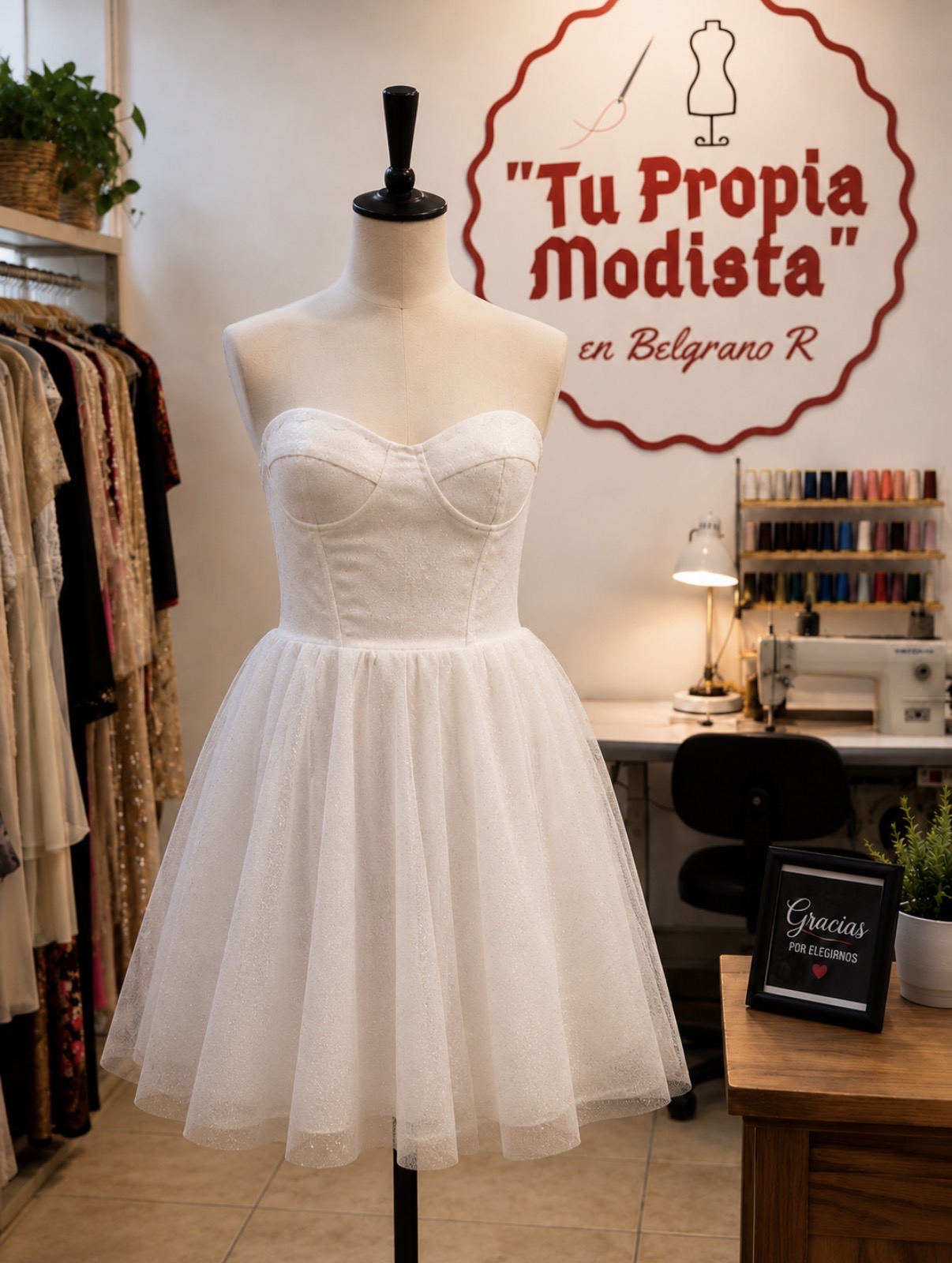 Vestido blanco corto con corset y falda de tul realizado en LÍA Atelier