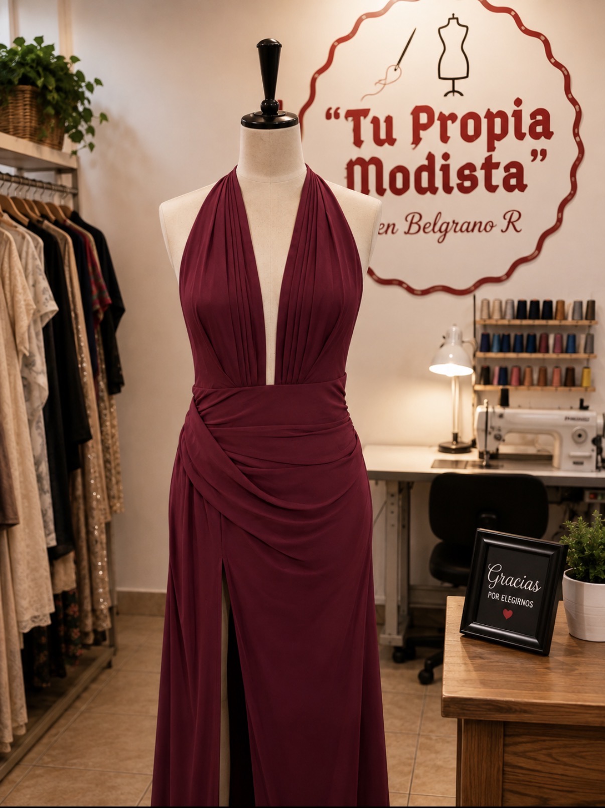 Vestido bordo largo con escote halter realizado en LÍA Atelier