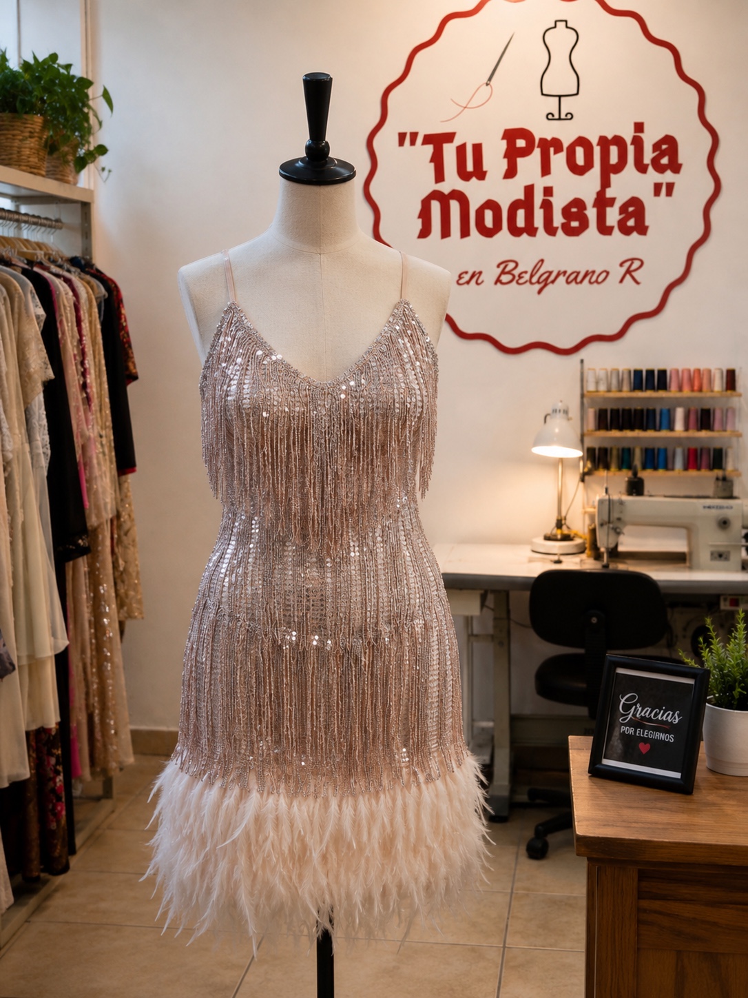 Vestido corto con lentejuelas y plumas realizado en LÍA Atelier